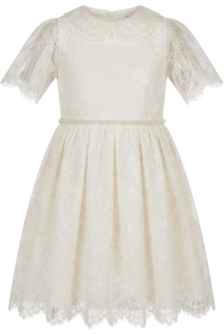 Ivory fine lace dress with pearls and organza collar - product view