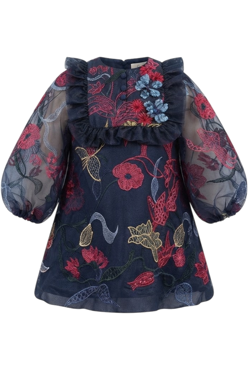Dark blue floral dress with puff sleeves - product view