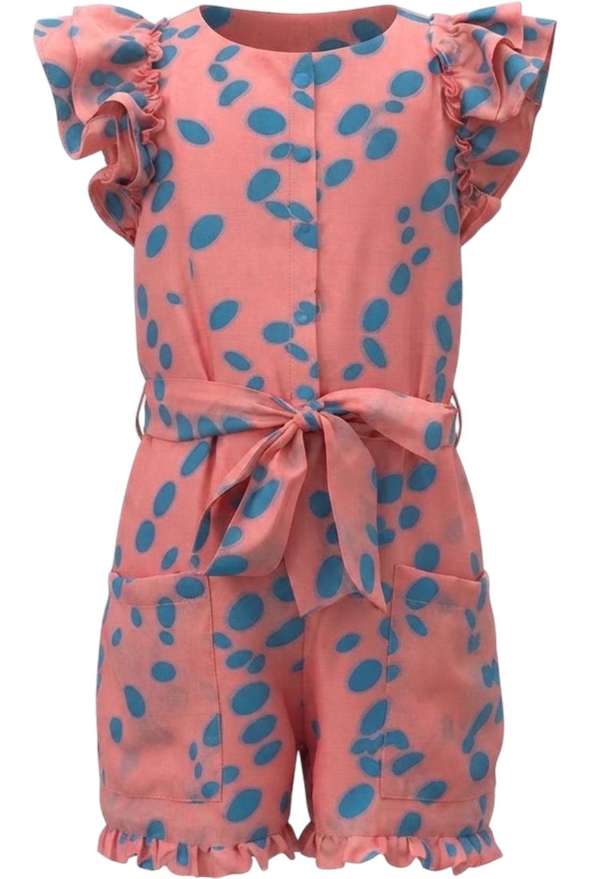 Coral viscose jumpsuit with blue dots - product view