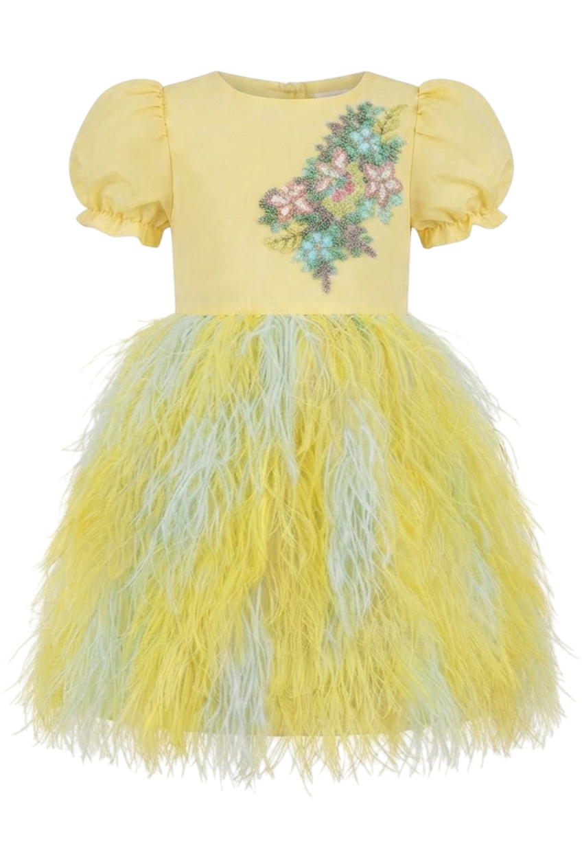 Yellow feather-like dress with hand-made embellishments - product view