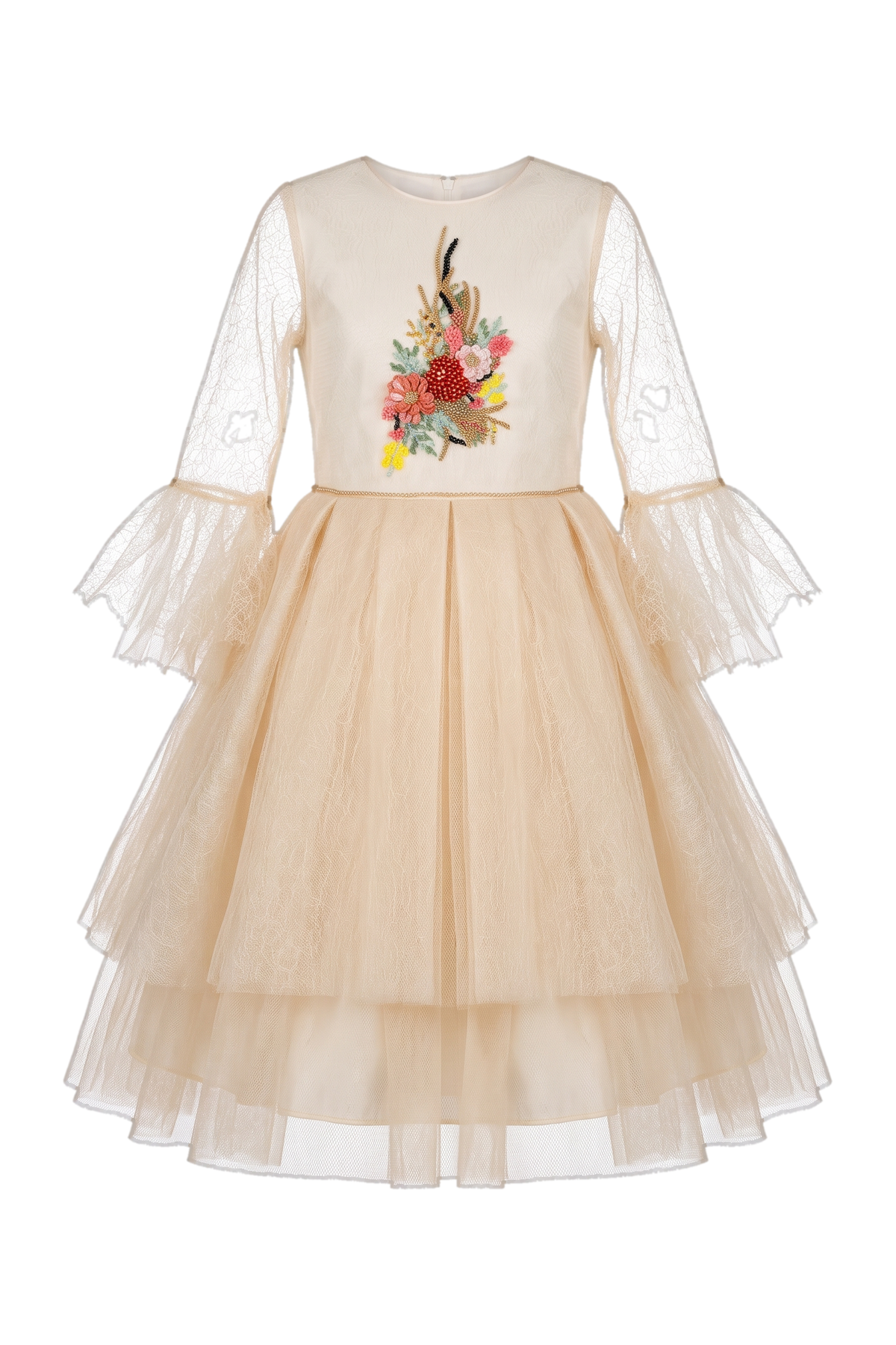 Ecru tulle dress with hand-made floral embroidery - product view