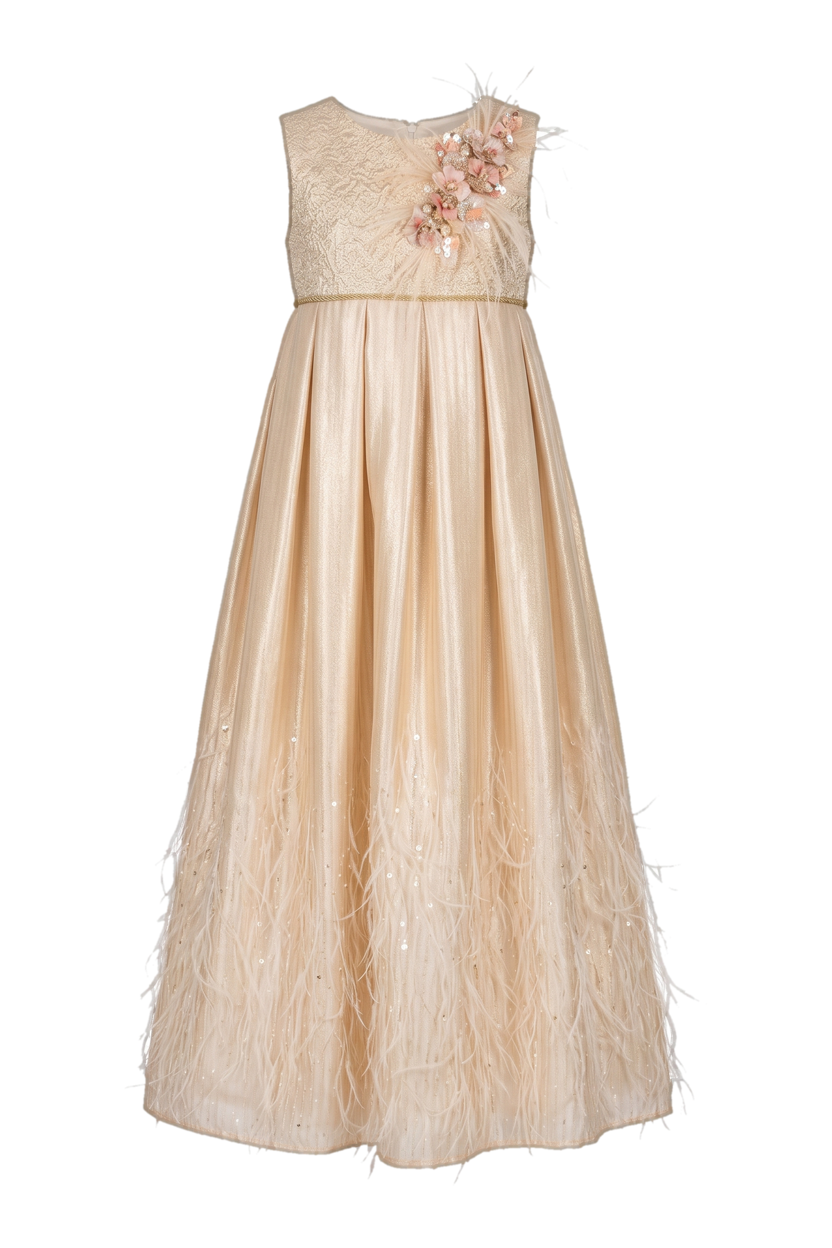 Ecru and gold long dress with sequin feather skirt and hand-made embellishments - product view