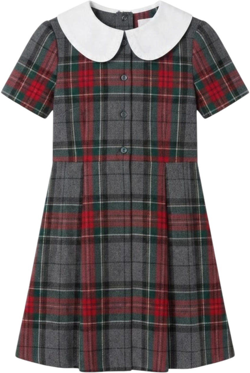 Grey and red plaid dress with white collar - product view