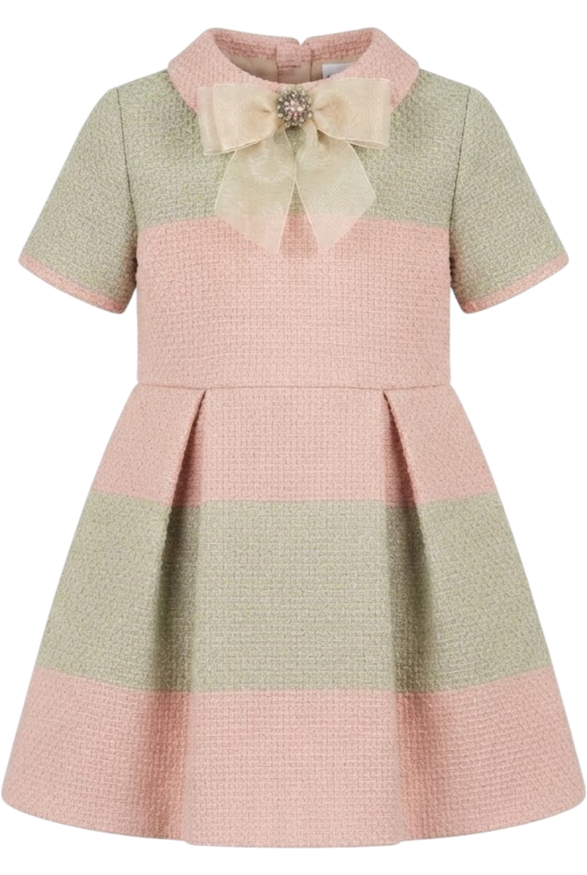 Pink and light green tweed dress with golden bow with matching Swarovski button - product view