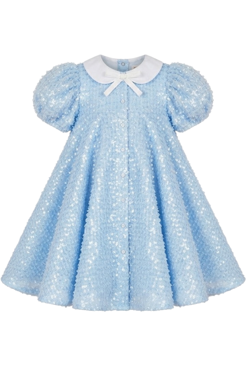 Blue sequin dress with collar and bow - product view