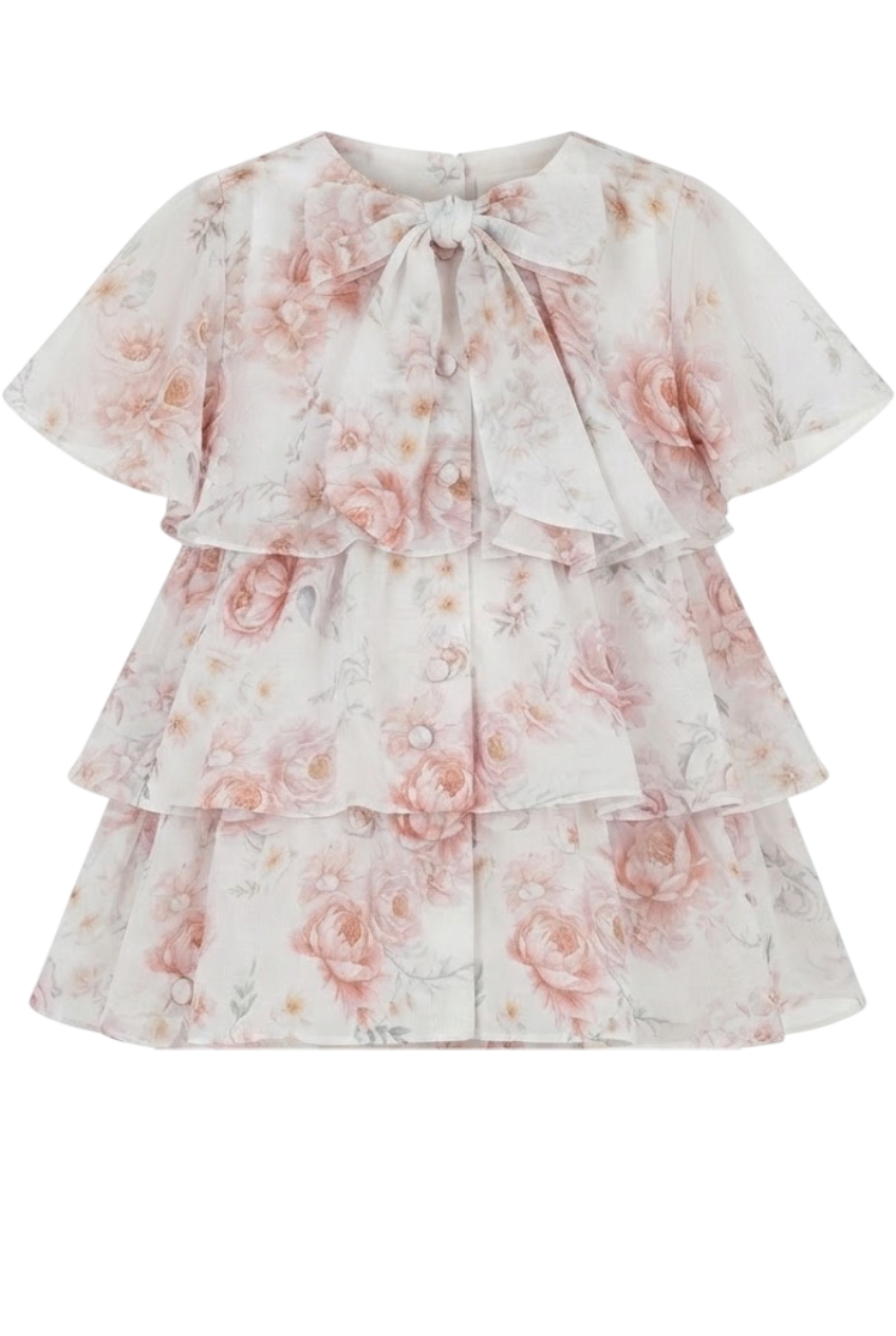 White frilled chiffon floral baby dress with pussy bow with matching knickers - product view