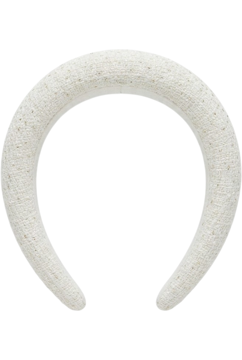 White tweed padded headband with subtle gold shimmer - product view