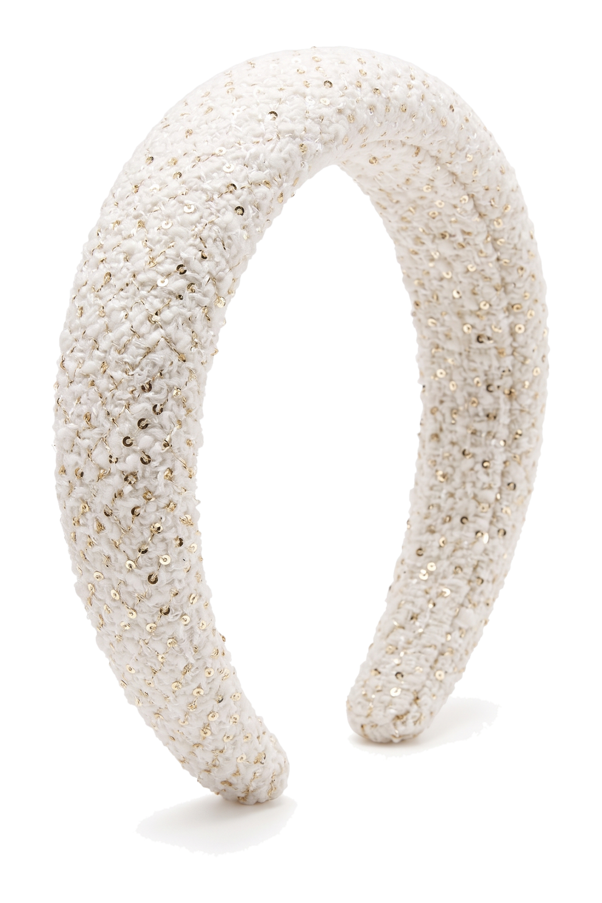 White tweed padded headband with subtle gold shimmer - product view