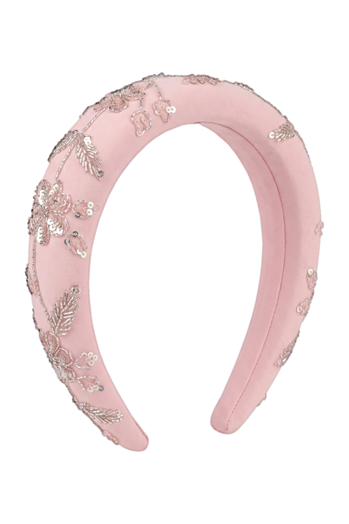 Pink padded hairband with hand-embellishments of floral and leaf motifs - product view
