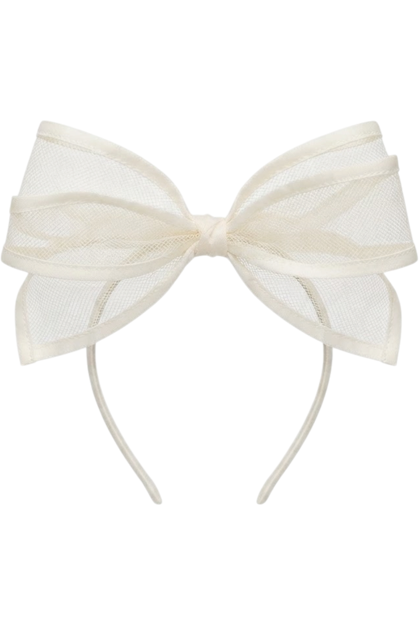 Ivory mesh bow hairband with a soft, sheer finish - product view