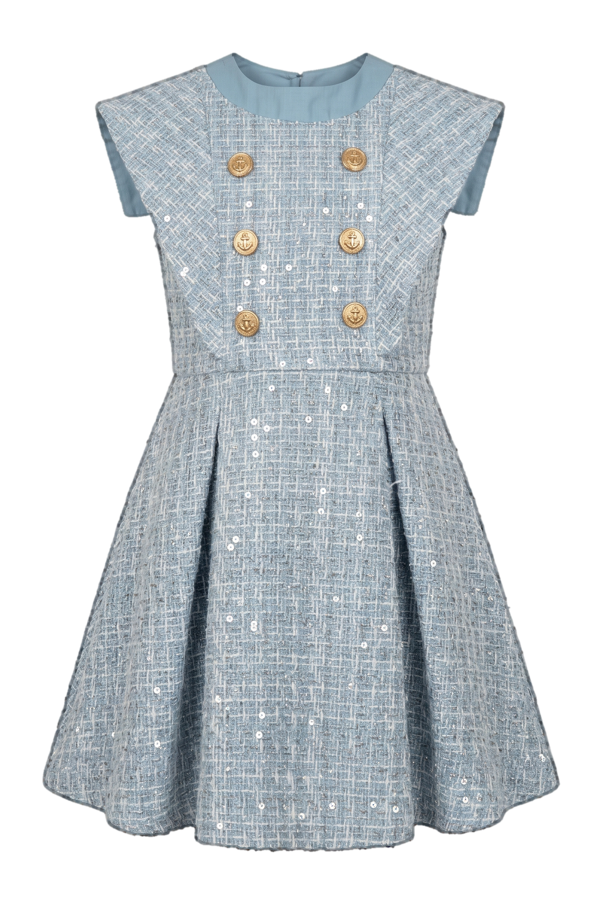 Light blue tweed dress with subtle sequins and double-breasted gold anchor buttons - product view