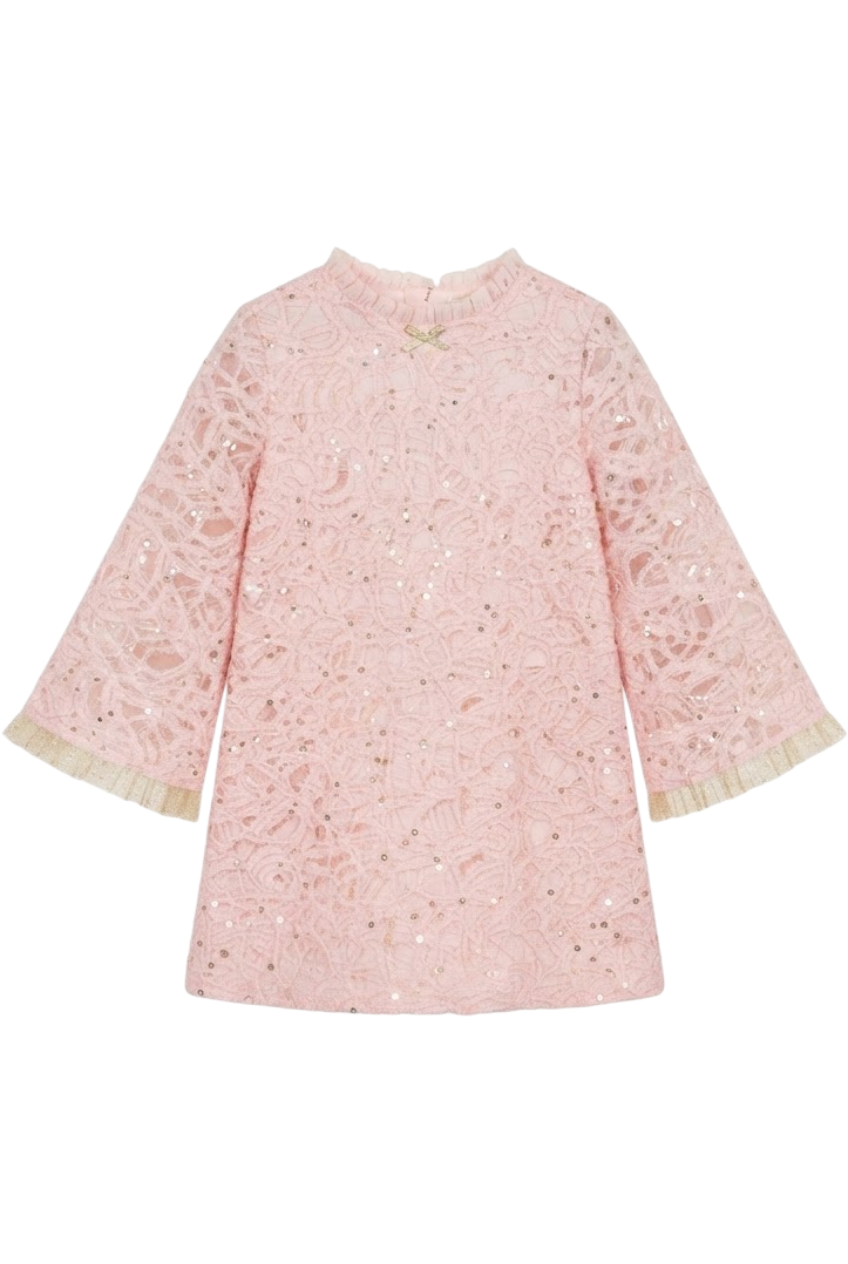 Pink lace A-line dress with sequins and a gold bow - product view