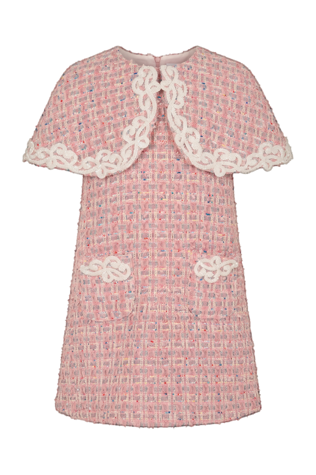 Pink tweed dress with beaded lace cape collar - product view