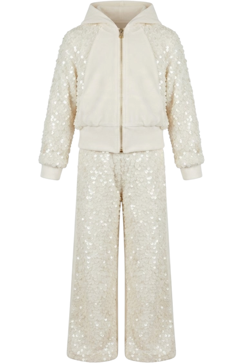 Ivory velvet set with a zip hoodie and wide-leg trousers - product view