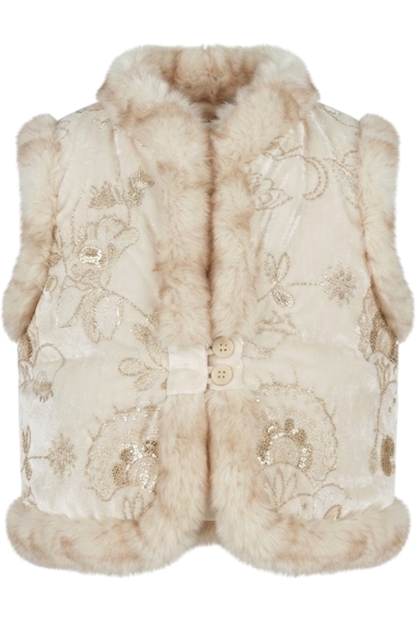Ivory velvet padded vest with gold embroidery and faux fur - product view