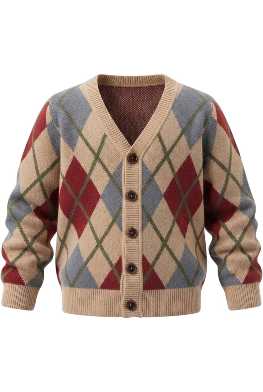 Beige argyle cardigan with contrasting buttons - product view