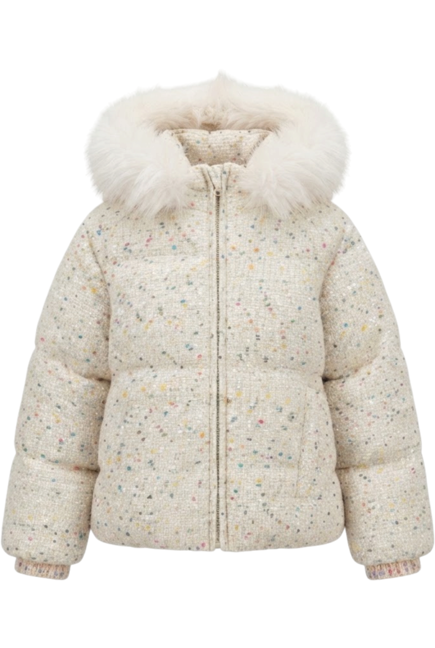 Ivory tweed down jacket with a fur-trimmed hood - product view