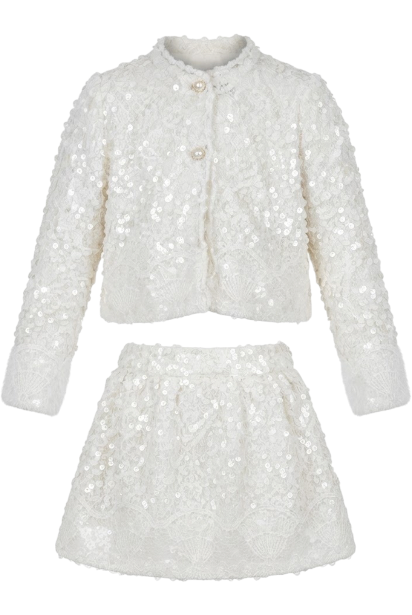 White sequin jacket and skirt set with lace detail - product view