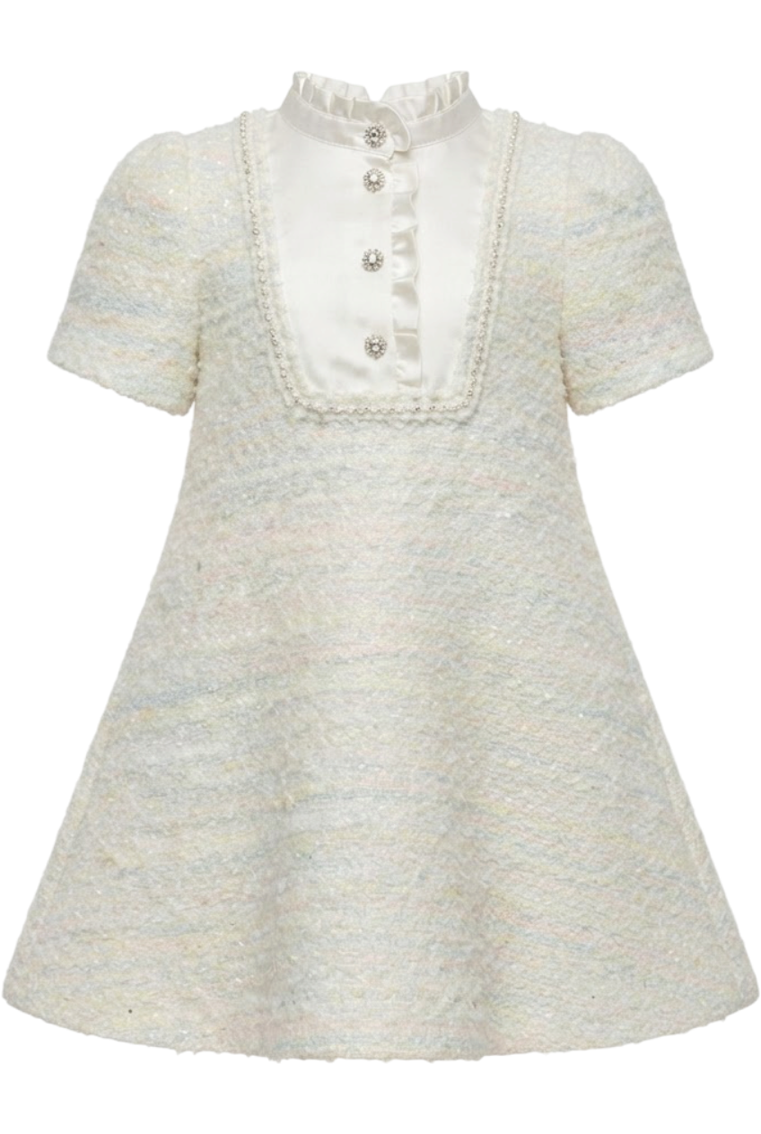 Ivory pastel tweed A-line dress with a satin bib front - product view
