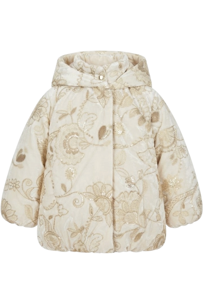 Ivory velvet padded coat with gold embroidery and a hood - product view