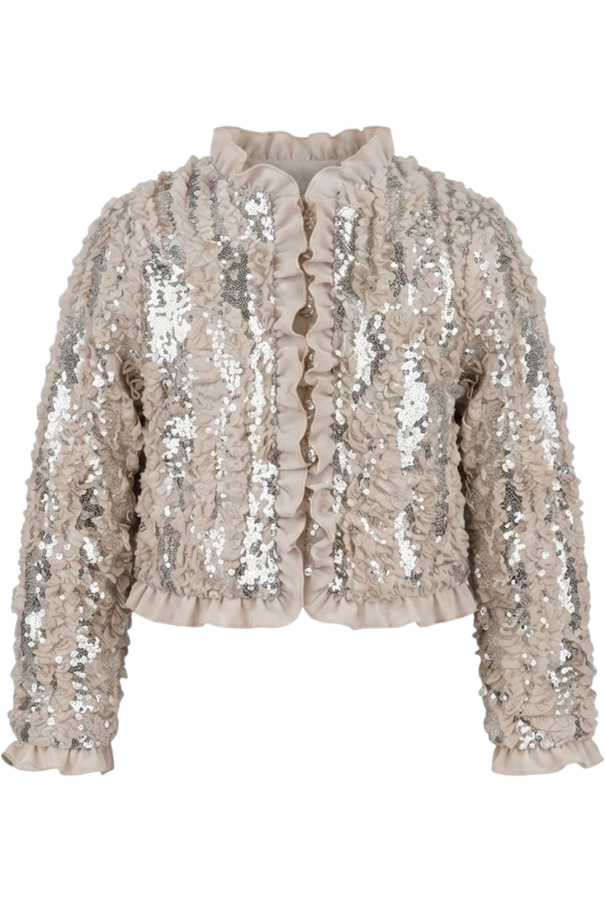 Nude blazer with ruffle trim and silver sequins - product view