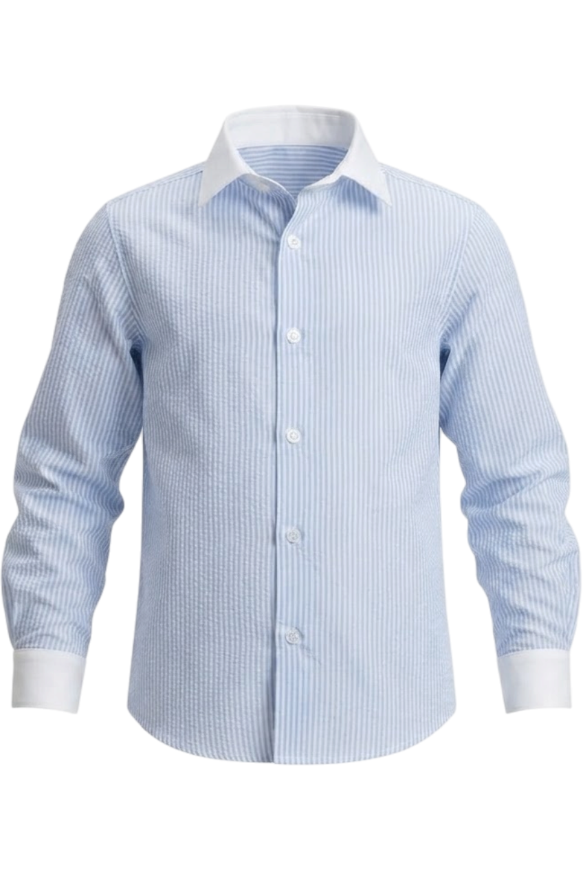 Light blue and white striped shirt with buttons, a classic collar and white cuffs - product view