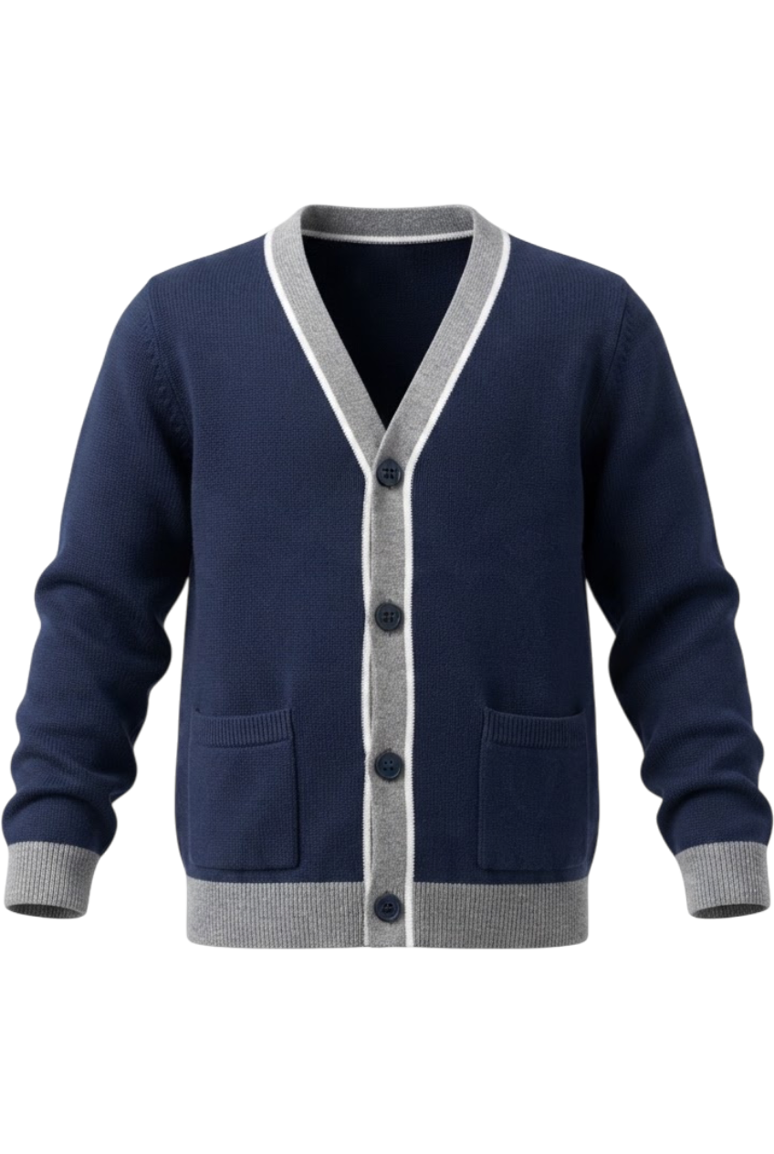 Navy cotton cardigan with grey trim, white details, buttons and pockets - product view