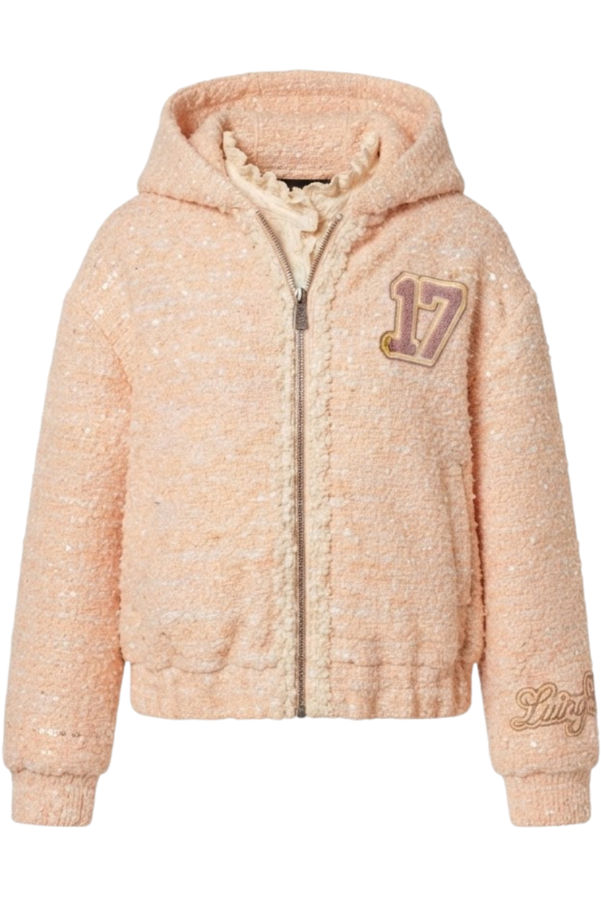 Peach tweed hoodie with a zip front and embroidered patches - product view