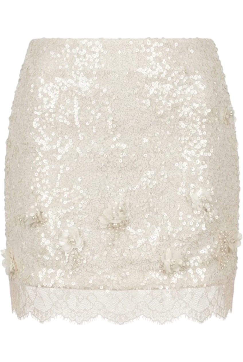 Ivory sequin mini skirt with 3D flowers and a lace hem - product view