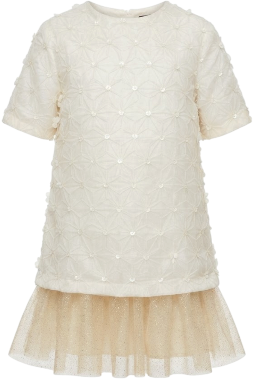 Ivory sequin dress with floral appliqués and a tulle hem - product view