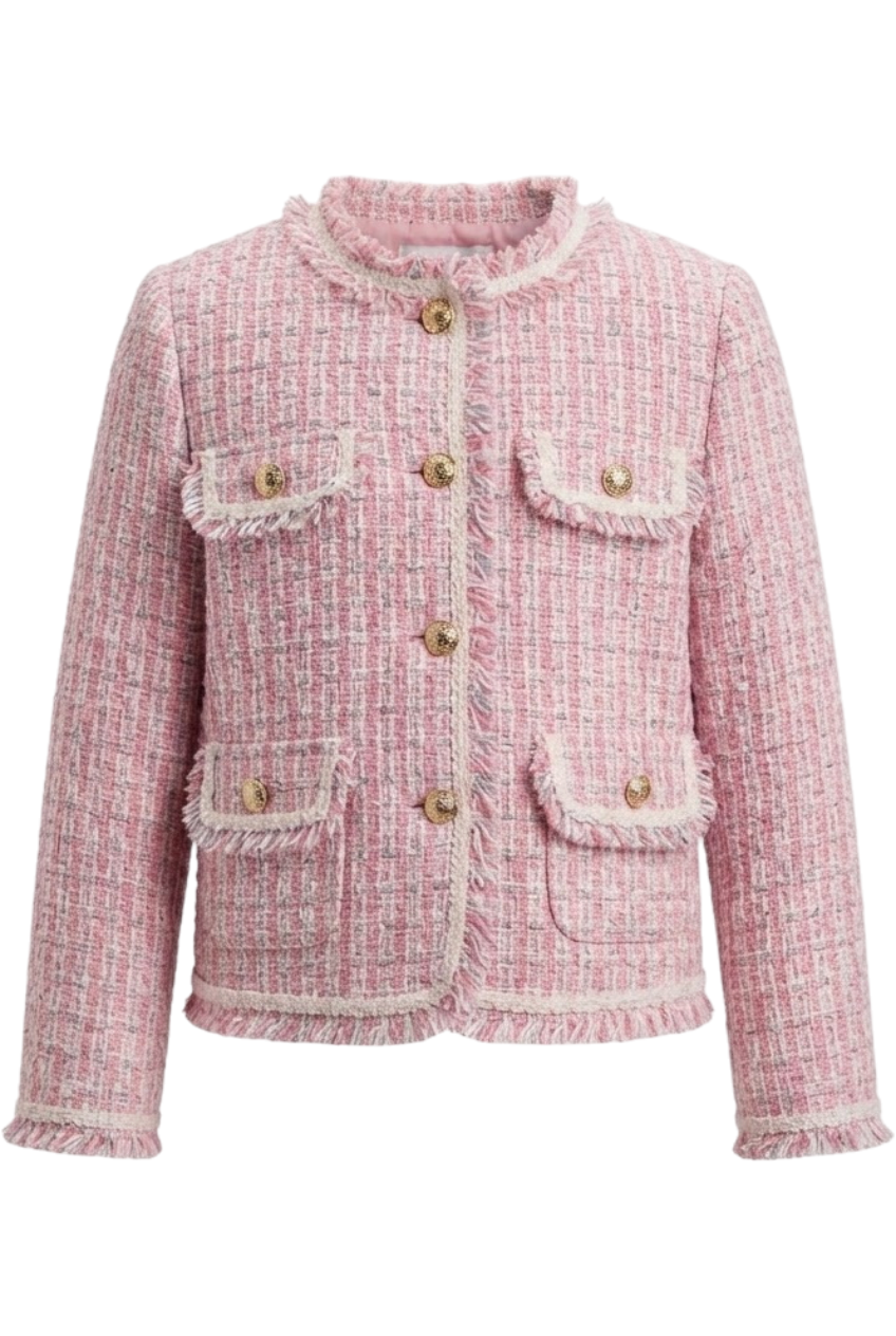 Pink and white tweed blazer with fringed edges and gold buttons - product view