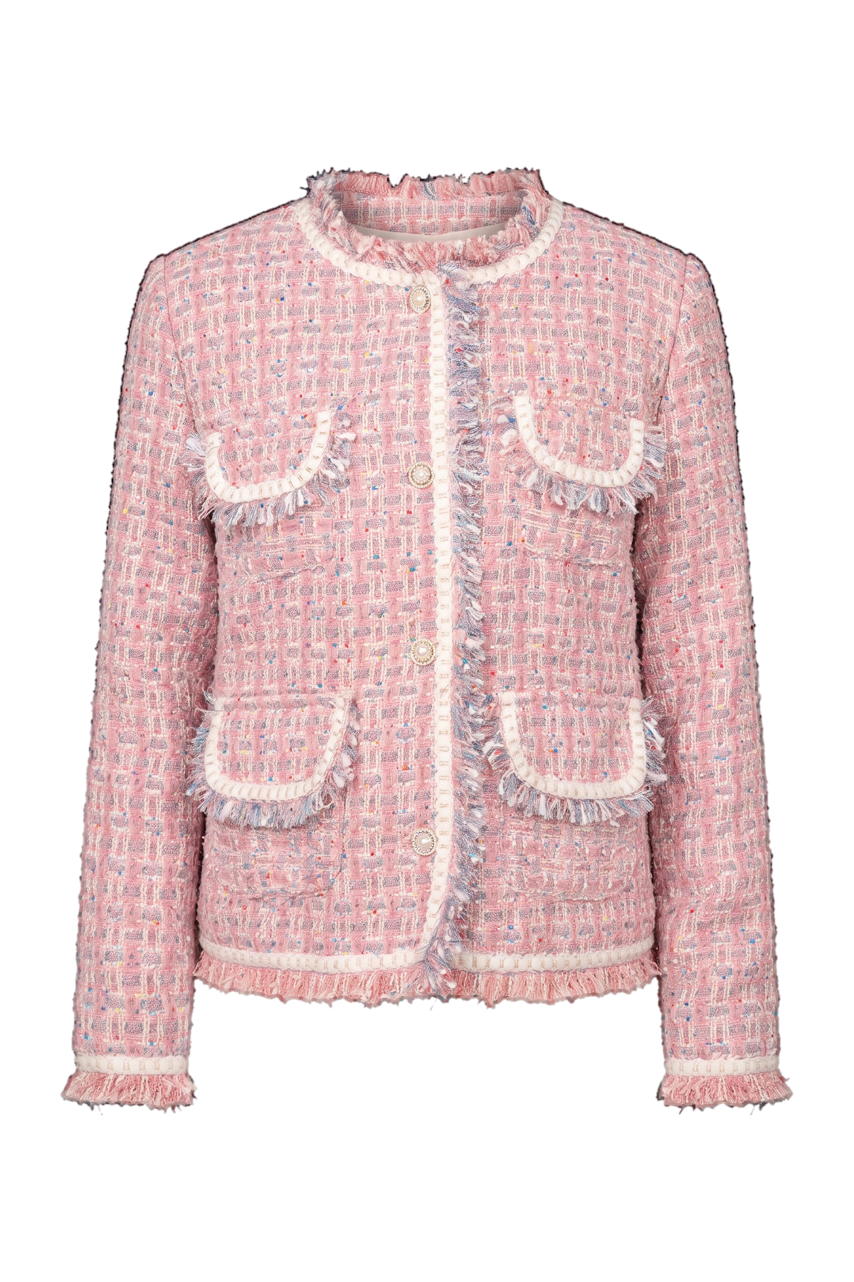 Pink and white tweed blazer with fringed edges and gold buttons - product view