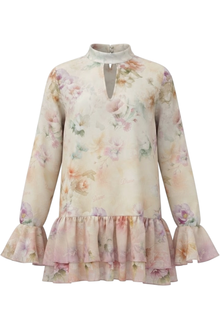 Floral tunic dress with flounced ruffles at the cuffs and hem - product view