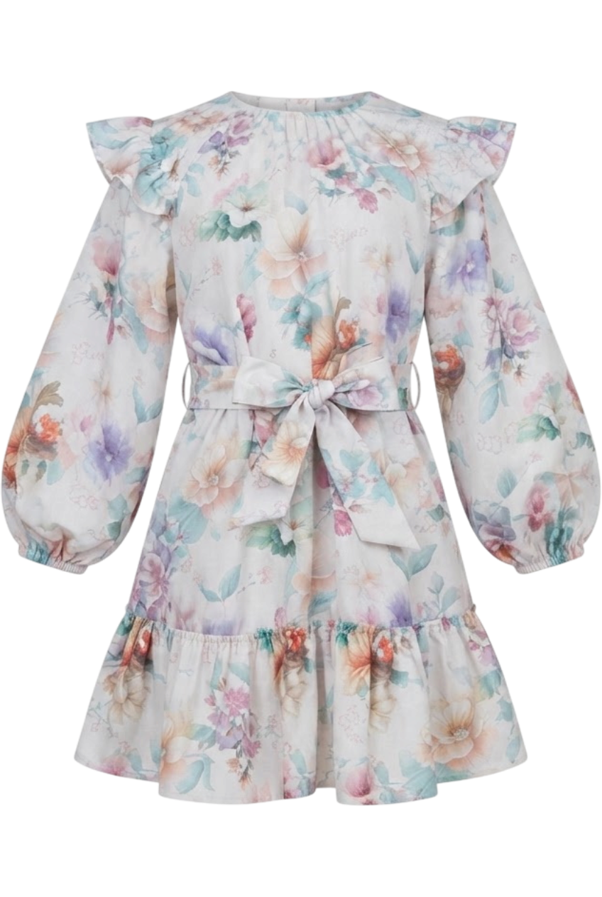 Pastel floral dress with ruffled shoulders and a tie waist - product view