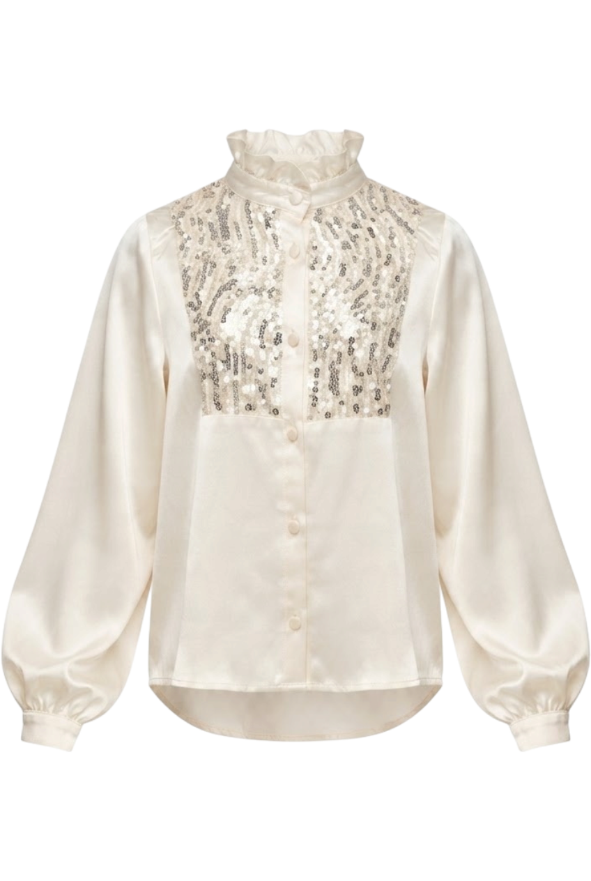 Ivory satin shirt with a sequinned front and ruffled collar - product view