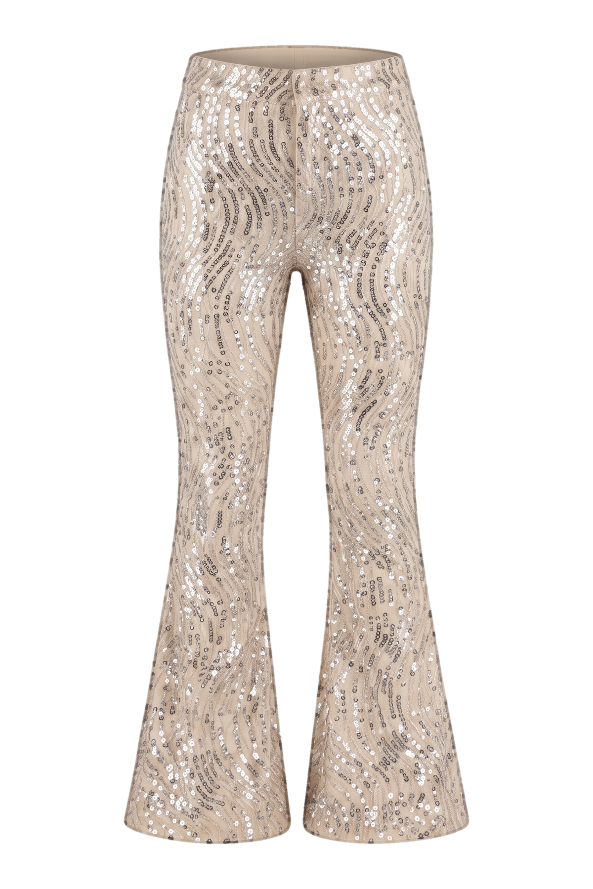 Beige flared trousers covered in silver sequins - product view