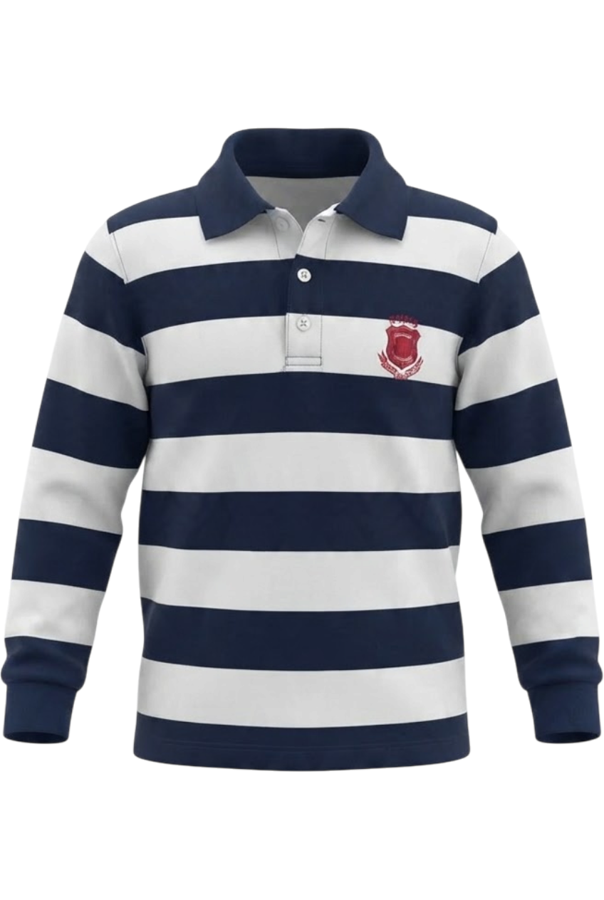 Blue and white striped polo shirt with long sleeves - product view