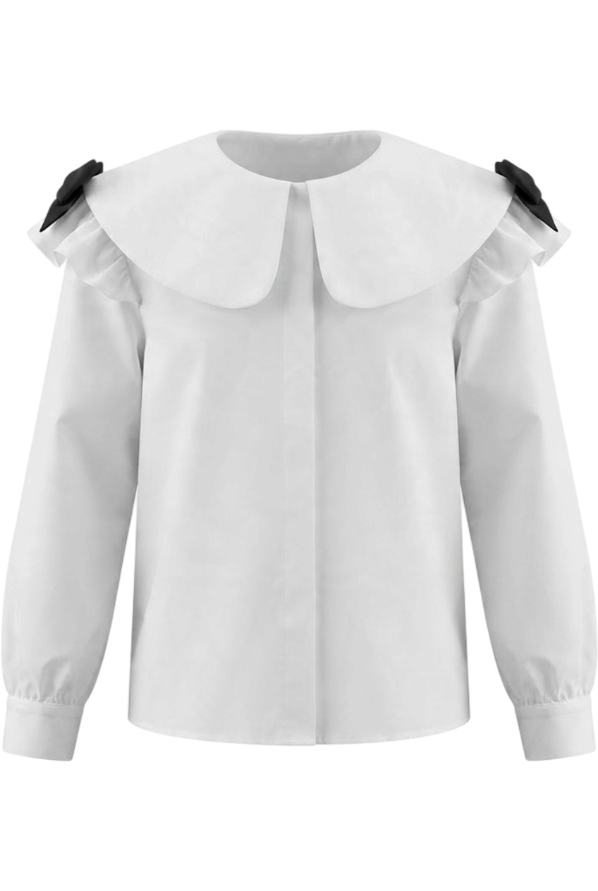 White blouse with shoulder ruffles, bows and oversized rounded collar - product view