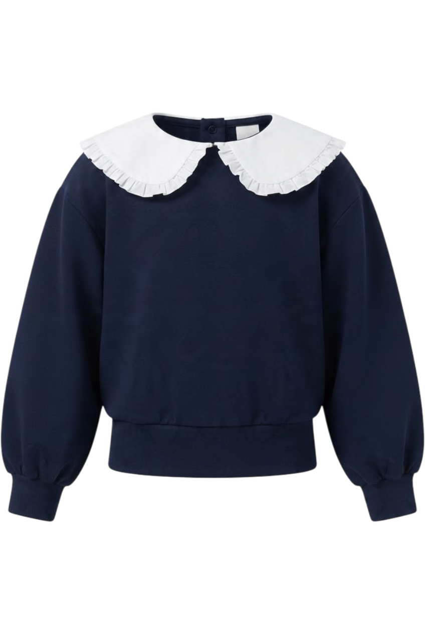 Navy blouse with long sleeves and white Peter Pan collar - product view