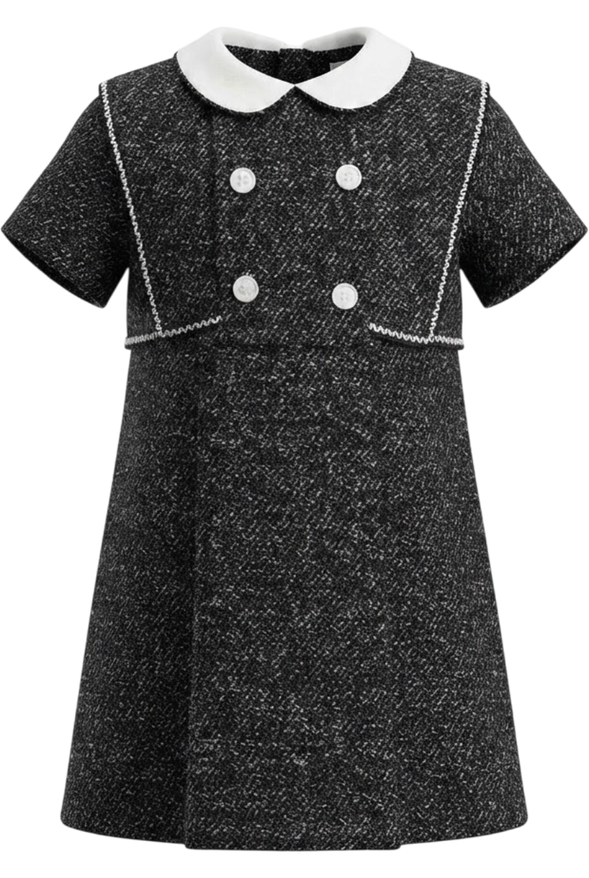 Black and white marled tweed dress with short sleeves - product view