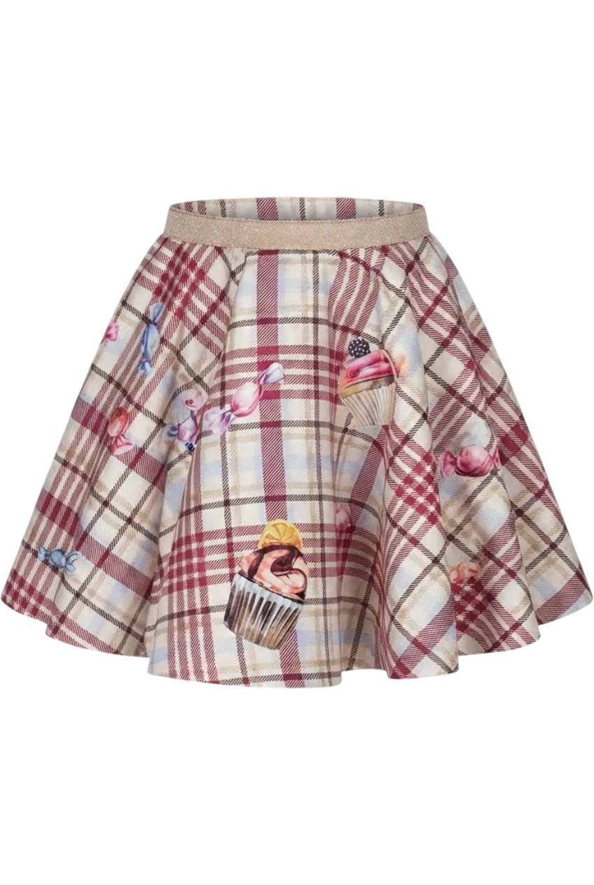 Checkered off-white and burgundy skirt with candies print - product view