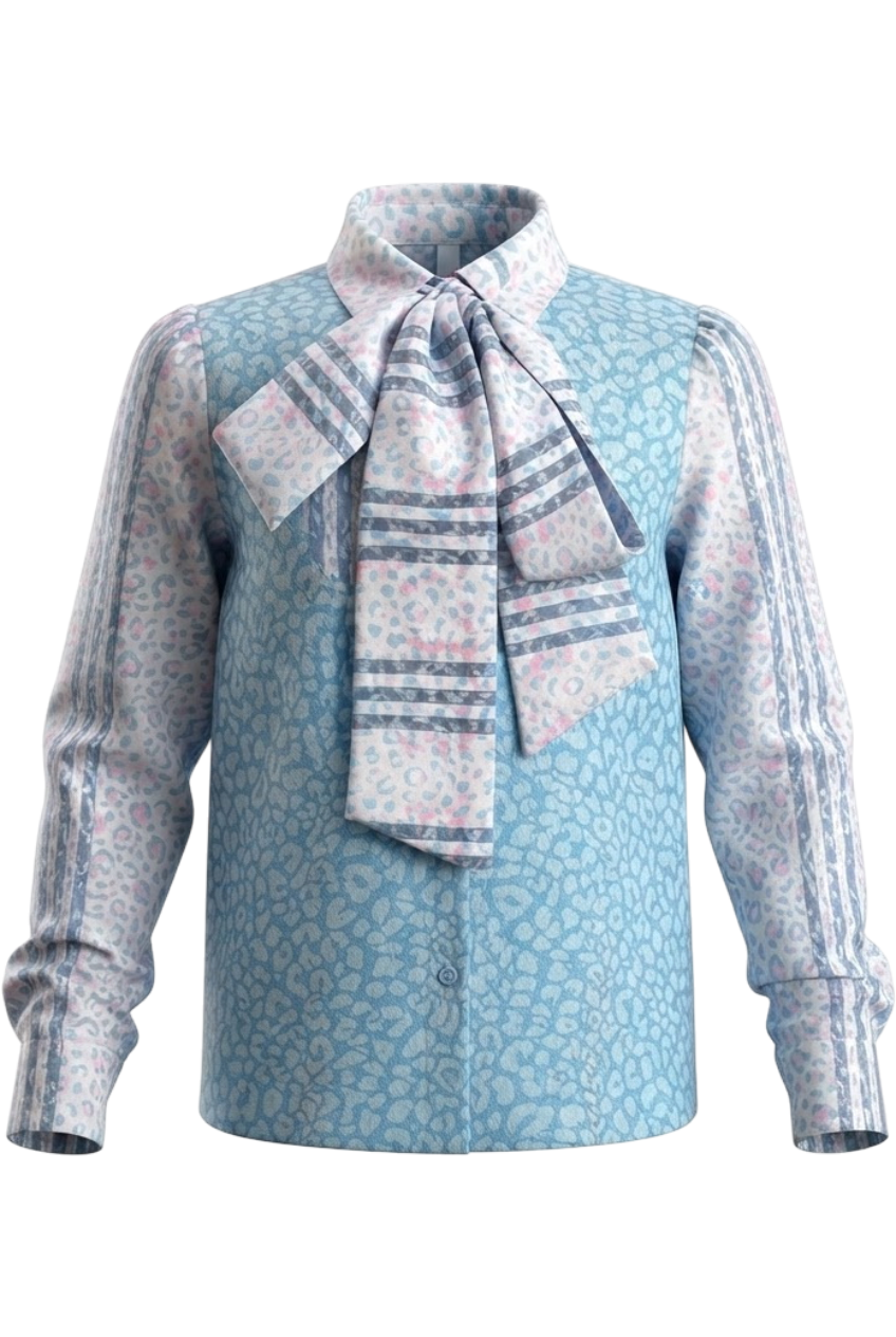 Blue animal print shirt with bow - product view