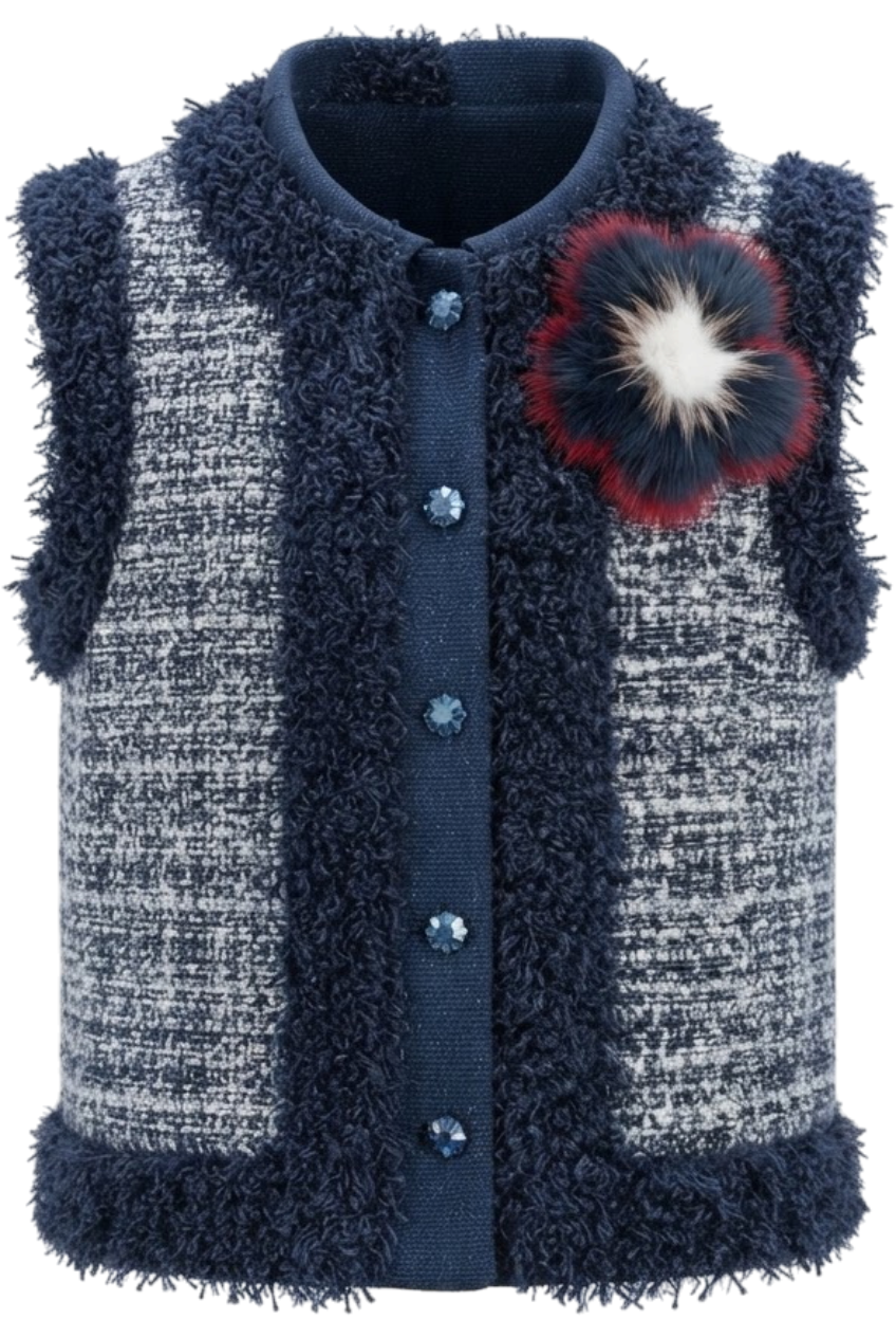 Blue tweed vest with fox fur flower - product view