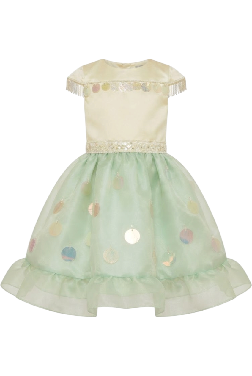 Pale yellow and green organza tulle dress with sequins - product view