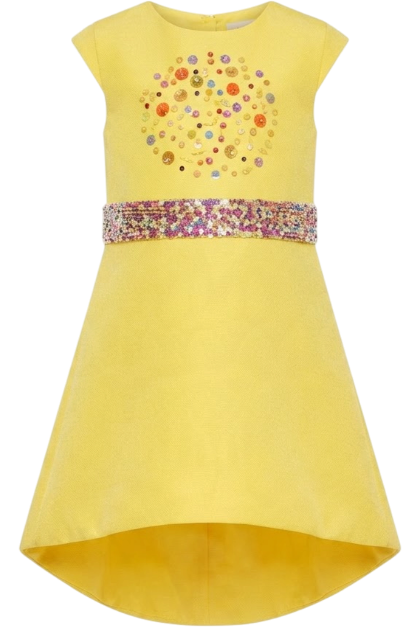 Yellow dress with multi-color sequin waistband and sequin embellishment - product view