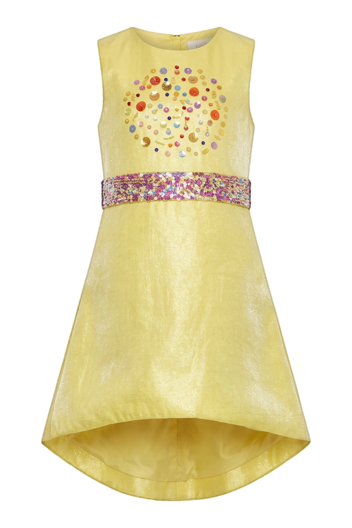 Yellow dress with multi-color sequin waistband and sequin embellishment - product view