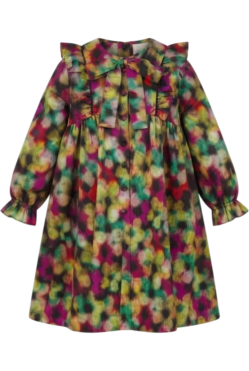 Blurred fuchsia, orange and green flowers cotton Liberty Tana Lawn dress with frills and back bow - product view