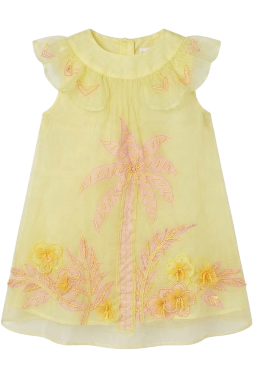 Yellow organza dress with hand appliqué of embellished pink palms, flowers and birds - product view