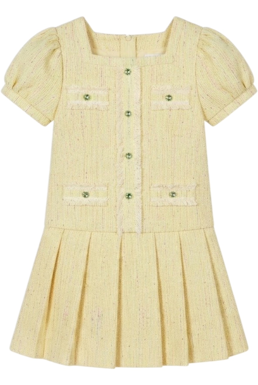 Yellow light tweed cotton pleated dress with green crystal buttons - product view