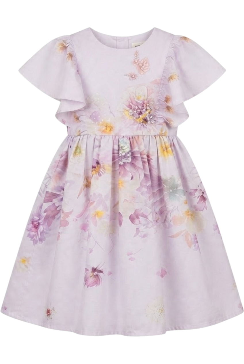 Lilac floral cotton dress with frilled sleeves and hand-embellished upper part - product view